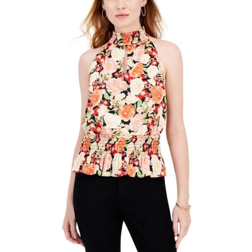 I.N.C. INTERNATIONAL CONCEPTS Floral Printed Smocked-Waist Keyhole Top NWT